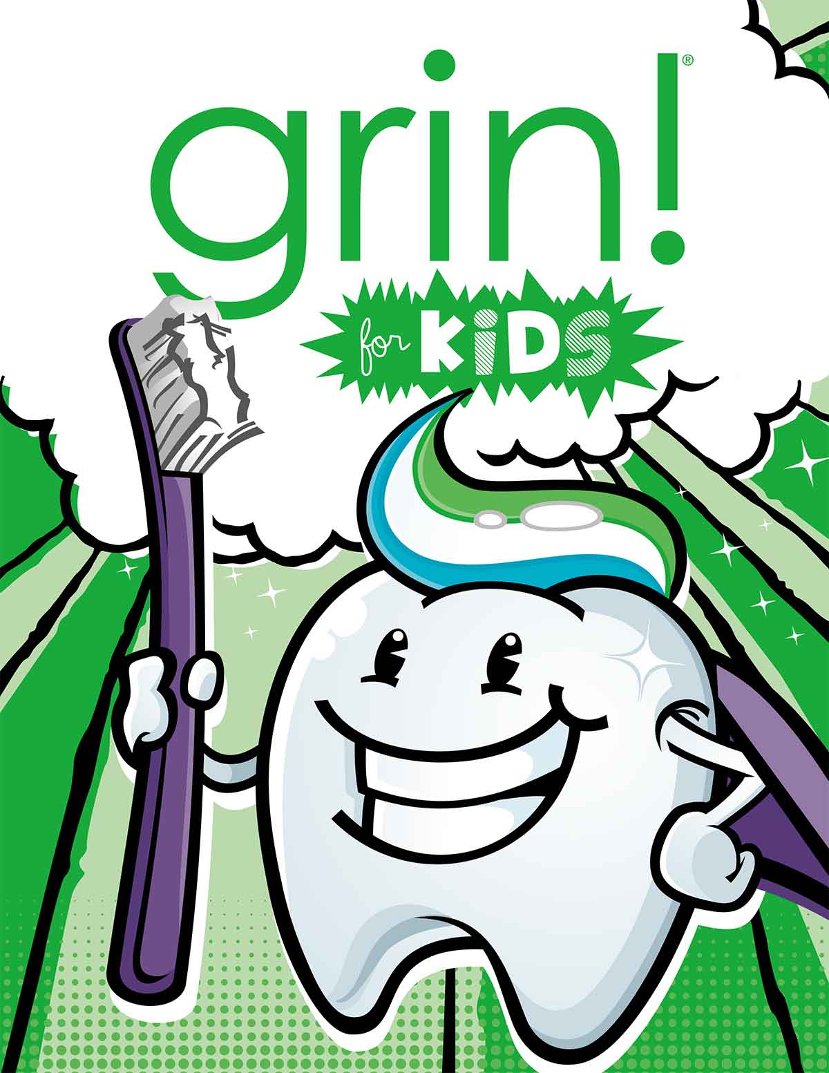 Grin! Kids Magazine cover featuring a cartoon tooth holding a toothbrush